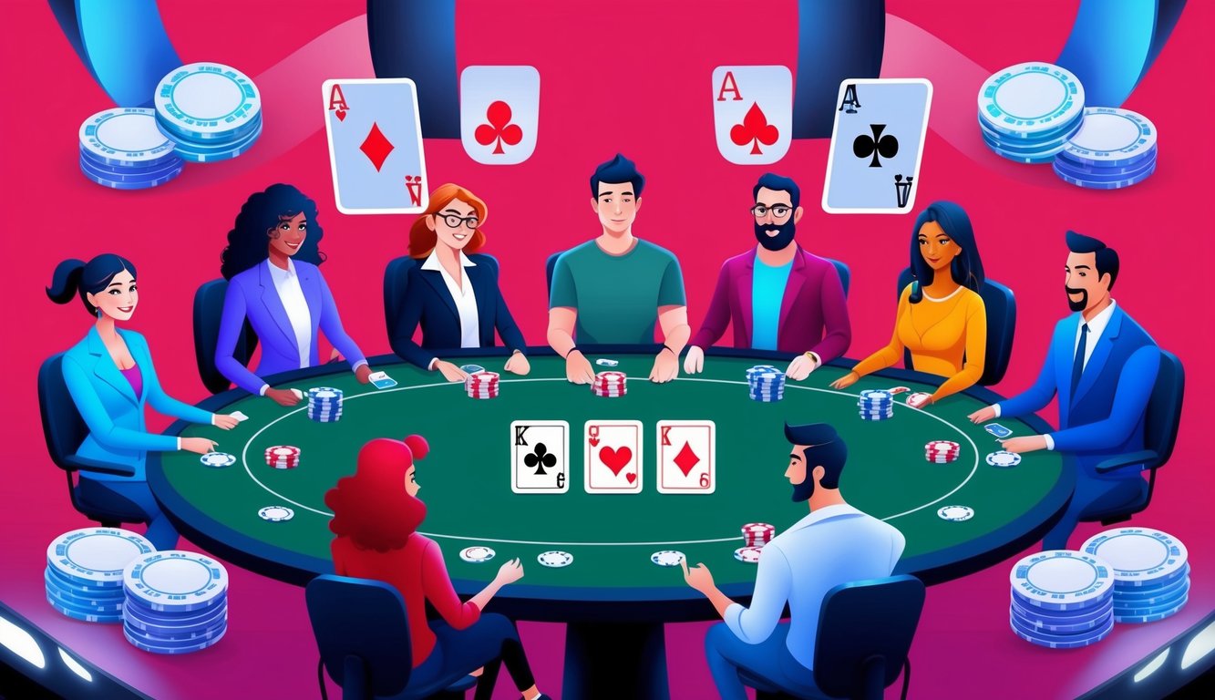 Sekelompok karakter yang beragam bermain poker di platform virtual, dikelilingi oleh kartu dan chip digital, dengan antarmuka yang ramping dan modern