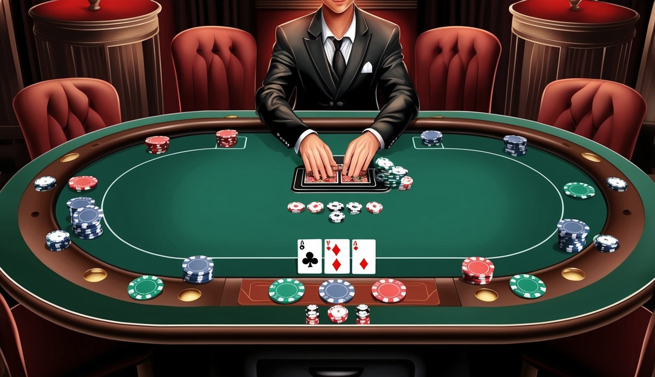 Meja poker dengan chip, kartu, dan dealer