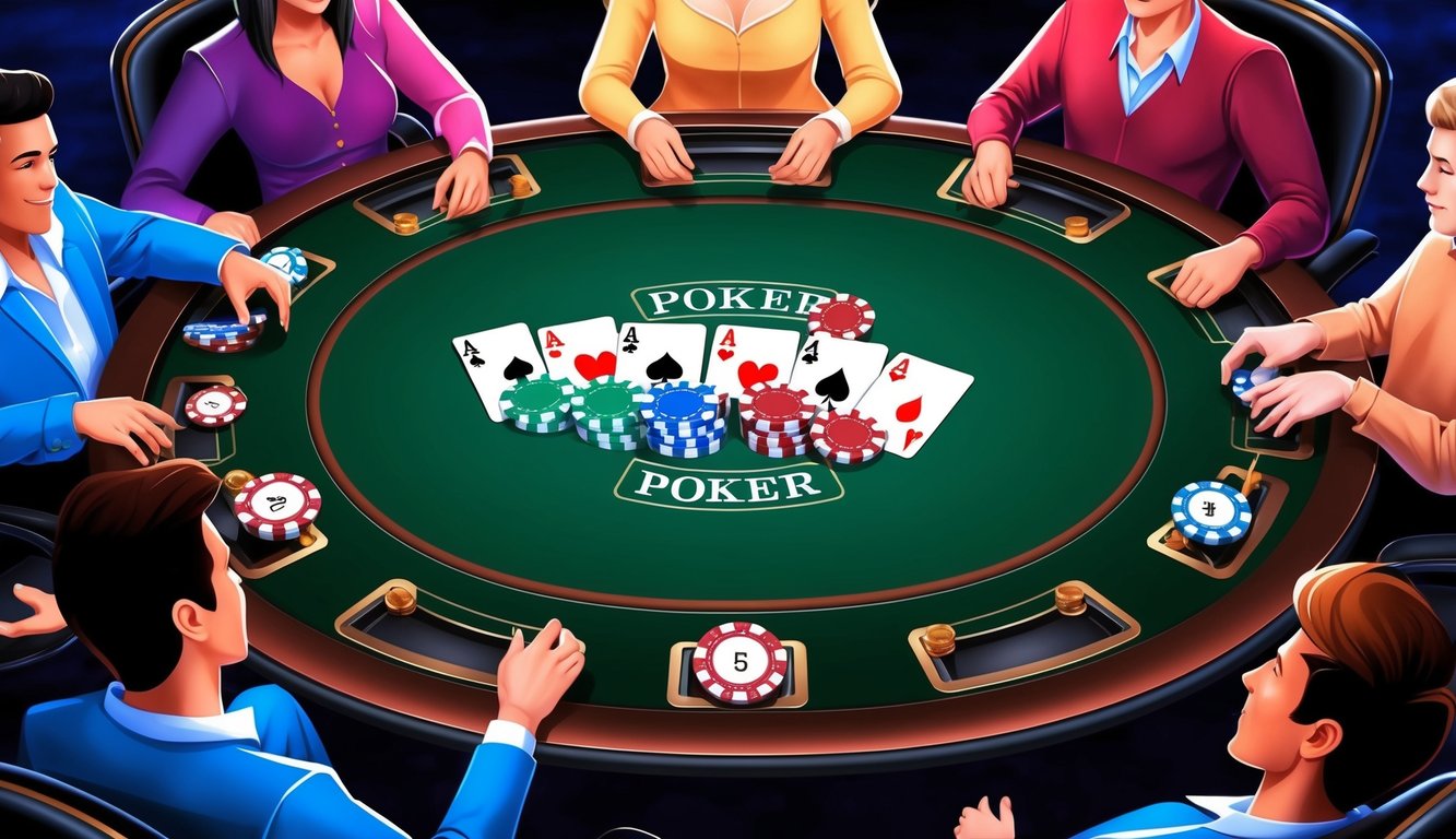 Sebuah meja poker digital dengan kartu dan chip, dikelilingi oleh pemain di ruang poker online