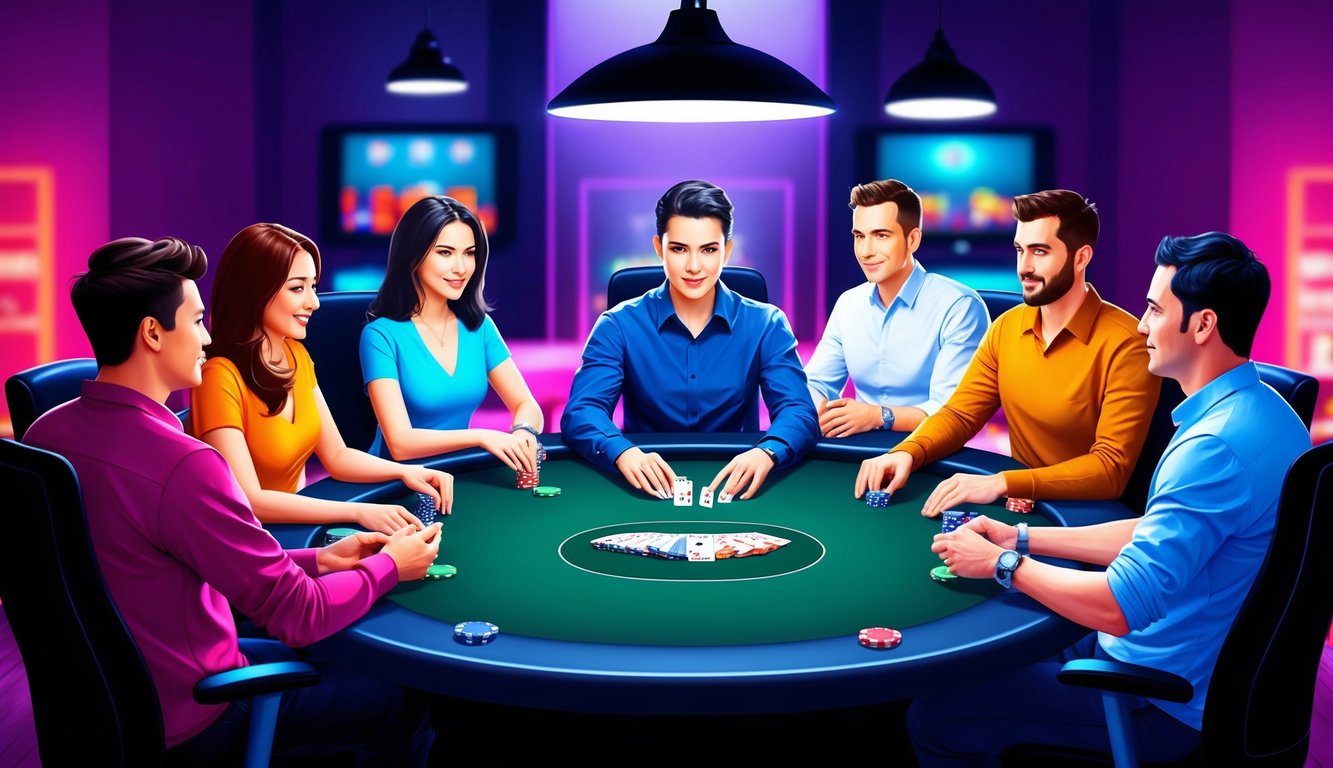 Sekelompok pemain duduk di sekitar meja poker virtual, kartu dan chip mereka ditampilkan di layar saat mereka terlibat dalam permainan poker online yang intens.