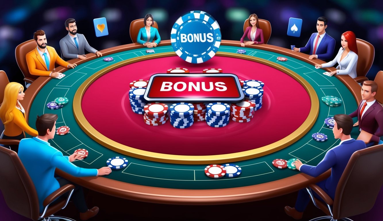 Sebuah meja poker digital berwarna-warni dengan chip dan kartu virtual, dikelilingi oleh avatar animasi, dan simbol bonus besar yang ditampilkan secara mencolok