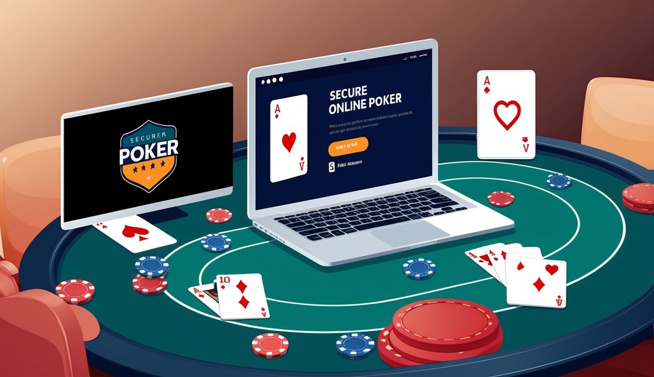 Meja poker dengan kartu, chip, dan layar komputer yang menampilkan platform poker online yang aman