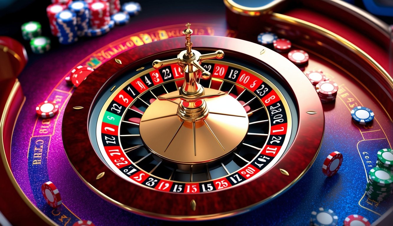 Roda roulette berputar di platform kasino online yang berwarna-warni