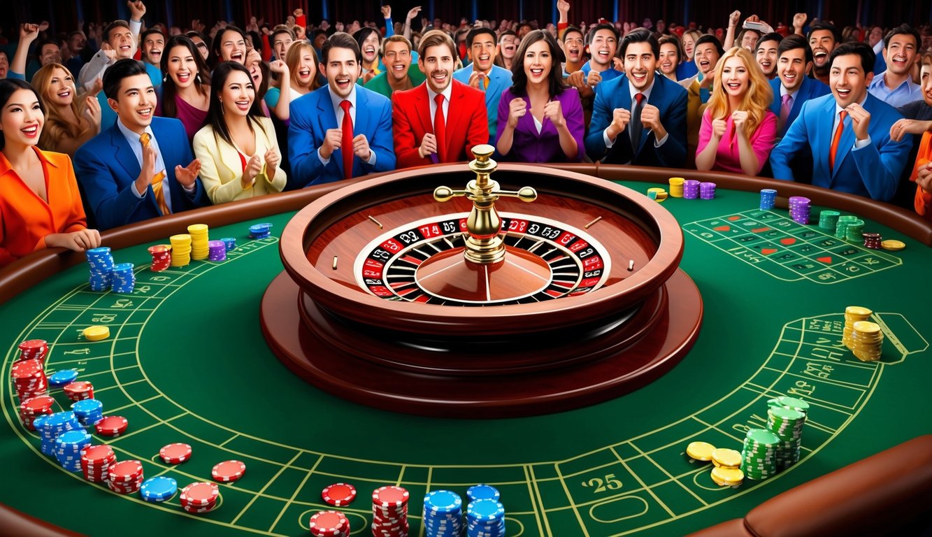 Roda roulette berputar di atas meja felt hijau, dikelilingi oleh chip taruhan berwarna-warni dan kerumunan penonton yang bersemangat.