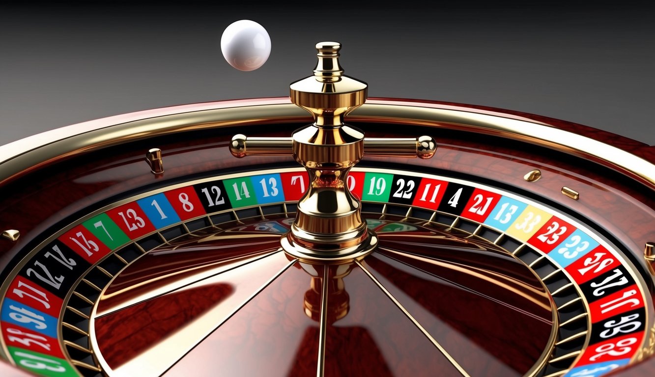 Roda roulette yang berputar dengan slot bernomor berwarna-warni dan sebuah bola putih kecil yang melompat-lompat