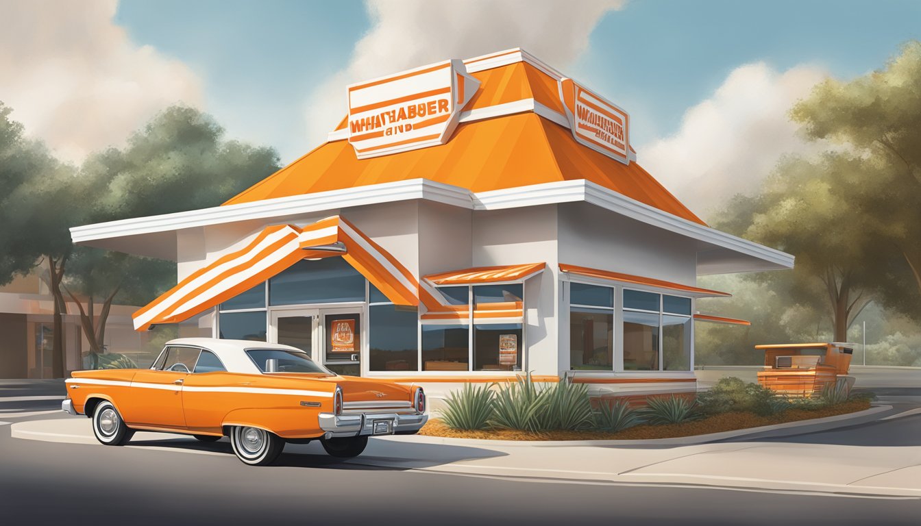 A vintage Whataburger restaurant in Tallahassee, with the iconic orange and white striped A-frame building, a drive-thru, and the distinctive orange and white striped logo sign