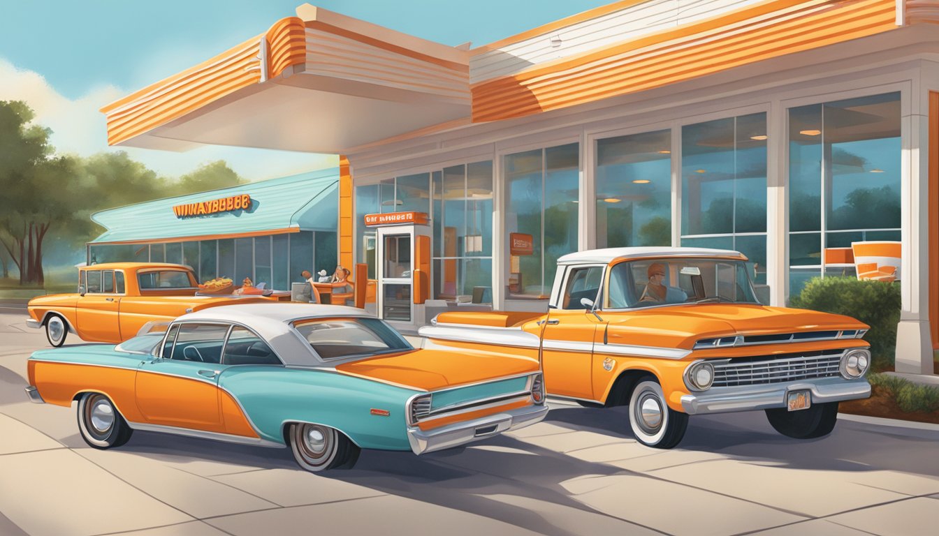 A bustling Whataburger in Tallahassee with a drive-thru, outdoor seating, and a colorful, retro-inspired interior