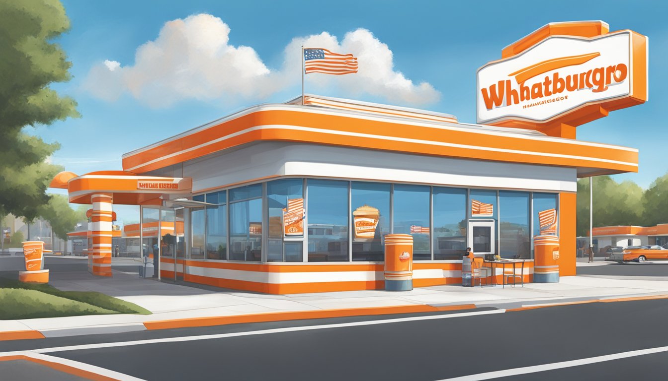 The iconic orange and white striped building of Whataburger stands tall against a blue sky, with a bustling drive-thru and a nostalgic feel