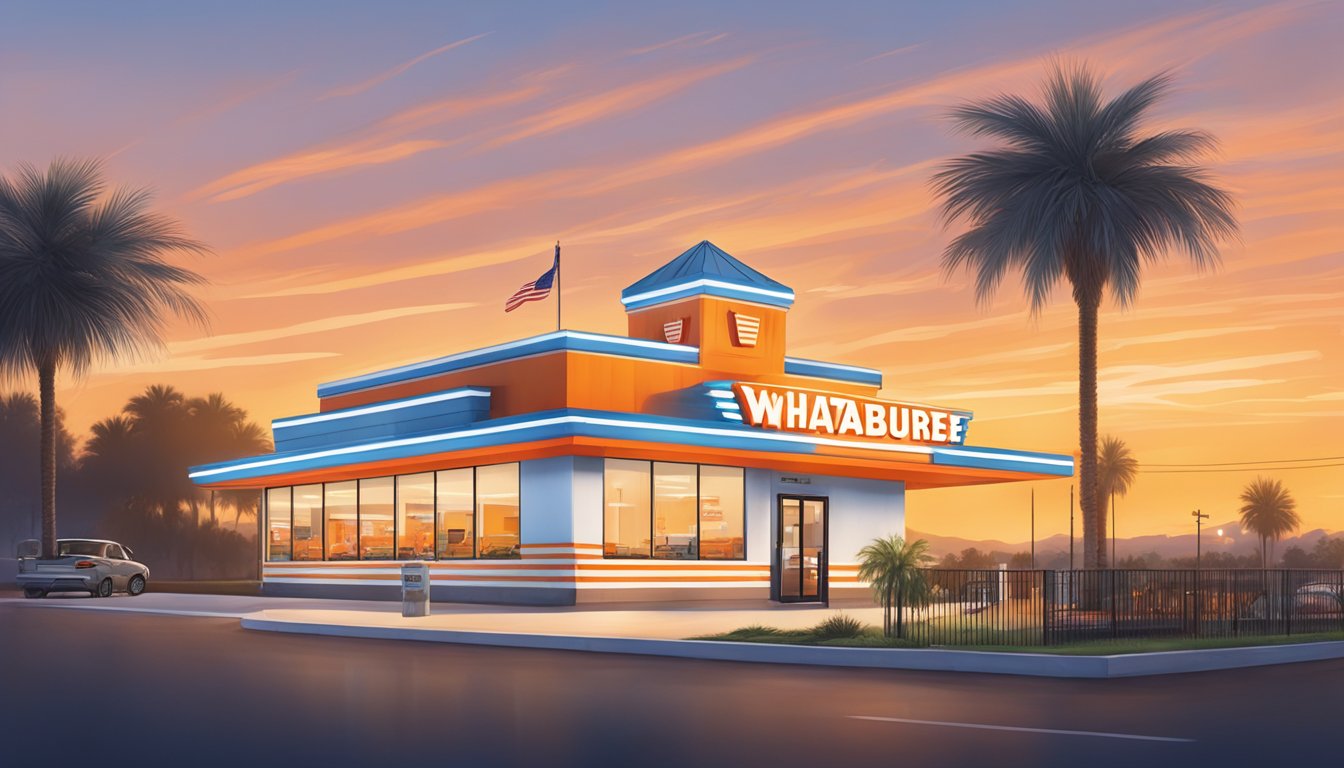 The Whataburger Boiling Springs location at sunset, with the iconic orange and white striped building and drive-thru, surrounded by palm trees and a colorful sky