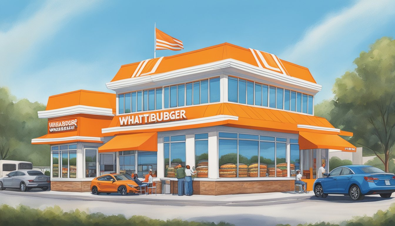 The Whataburger in Boiling Springs bustles with customers, as the iconic orange and white building stands proudly against a blue sky, with cars lined up at the drive-thru window