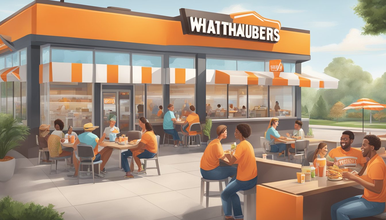 A bustling Whataburger in Boiling Springs with a prominent loyalty rewards sign and happy customers enjoying their meals