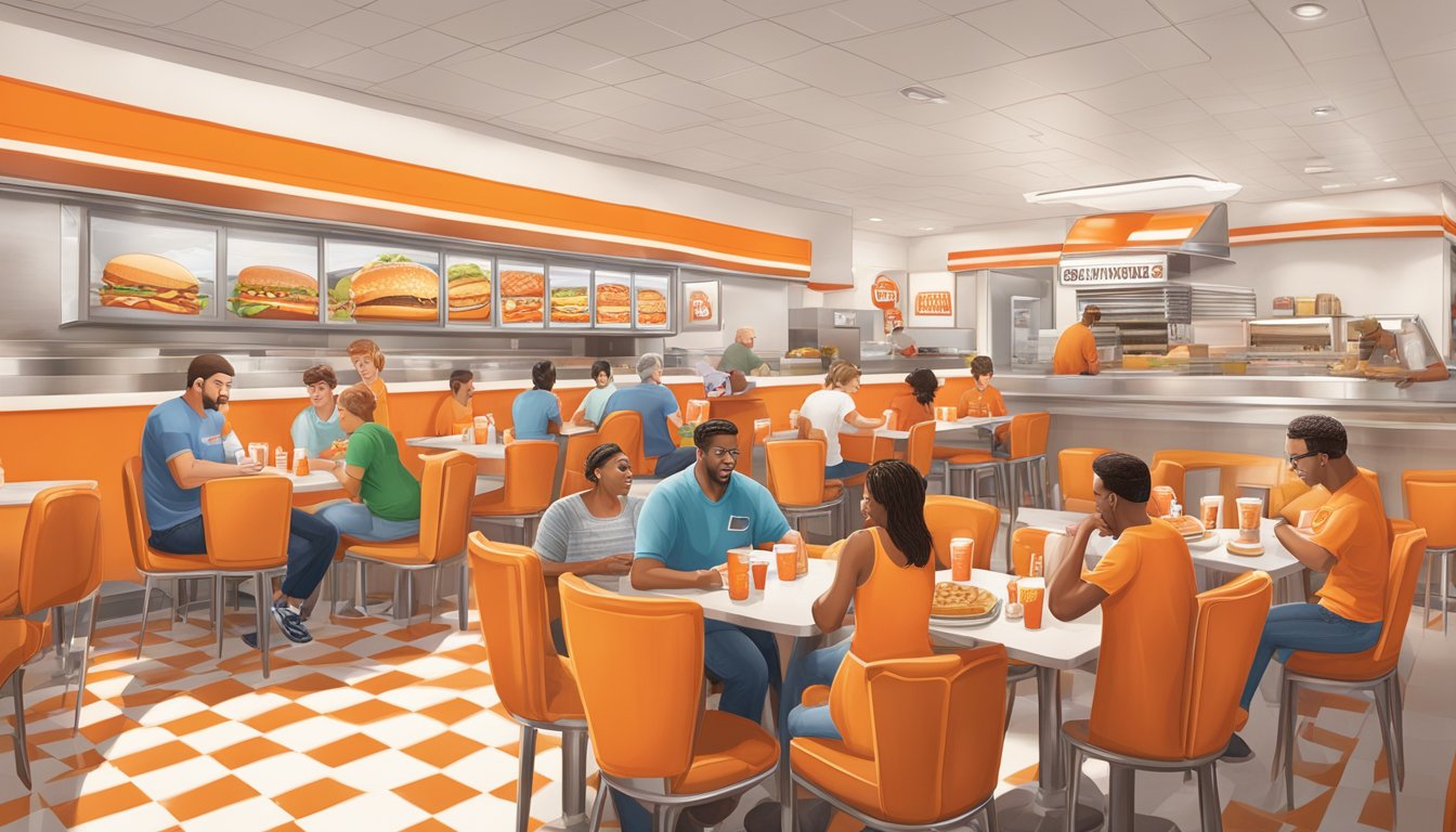 A bustling Whataburger restaurant in Springfield, Missouri, with patrons enjoying their dining experience amidst the iconic orange and white decor