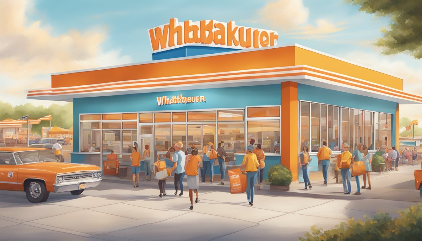 A bustling Whataburger restaurant in Springfield, MO, with colorful promotional signs and happy customers enjoying rewards and promotions