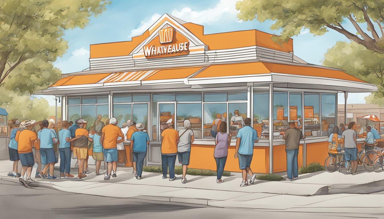 A bustling Whataburger in Springfield, MO with locals engaging in community involvement events outside the restaurant