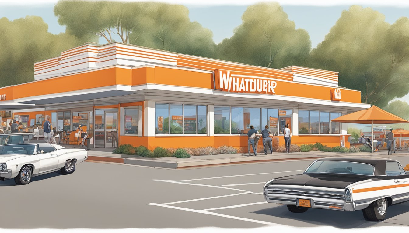 A bustling Whataburger restaurant in Phoenix, with a classic orange and white exterior, drive-thru lanes, and a busy dining area filled with customers enjoying their meals