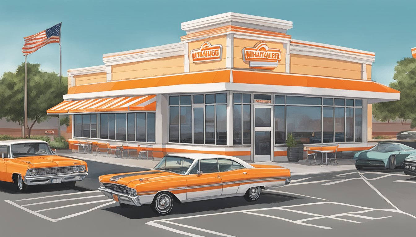 A bustling Whataburger restaurant in Laredo, Texas, with the iconic orange and white striped building and a drive-thru line of cars