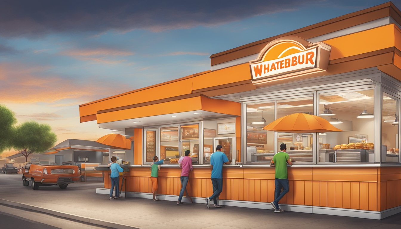 A bustling Whataburger restaurant in Laredo, Texas, with a colorful menu board and delicious menu highlights on display