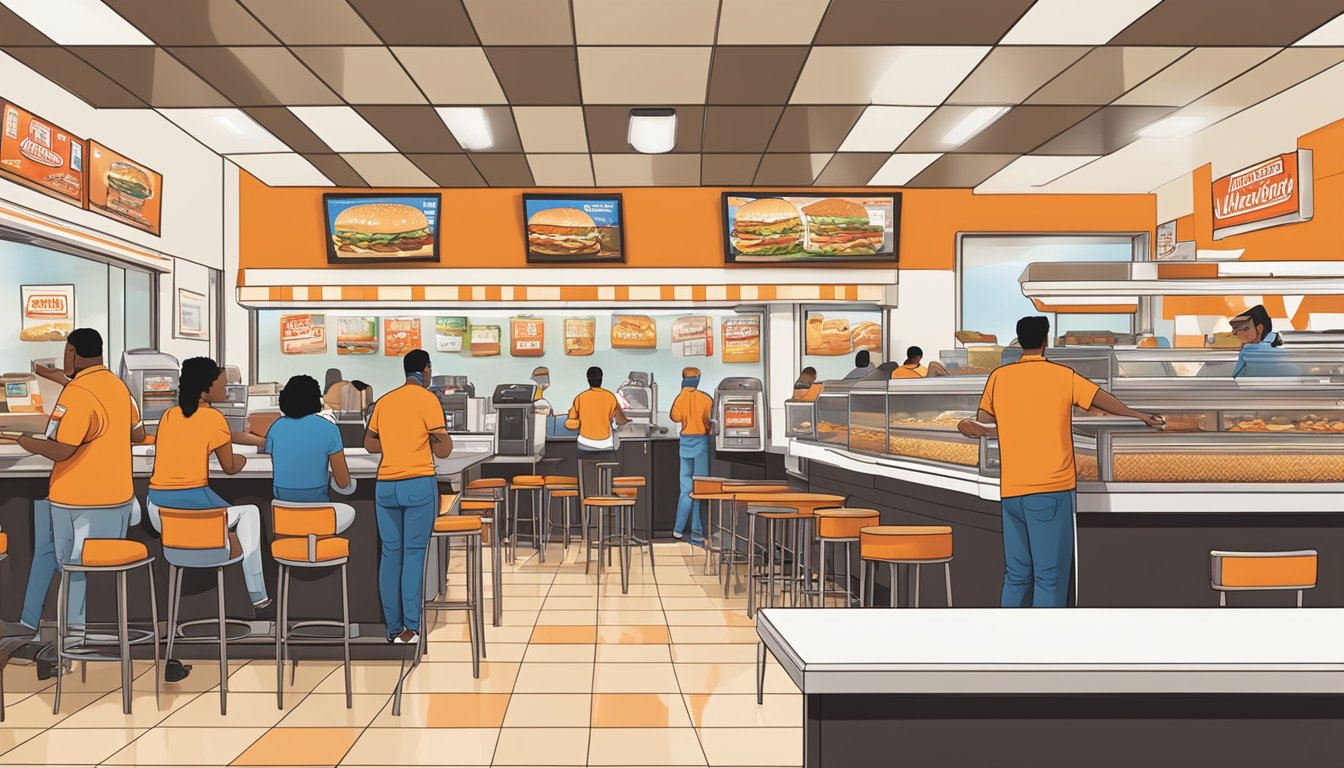 A bustling Whataburger location in Laredo, Texas, with customers ordering at the counter and enjoying their meals at the tables