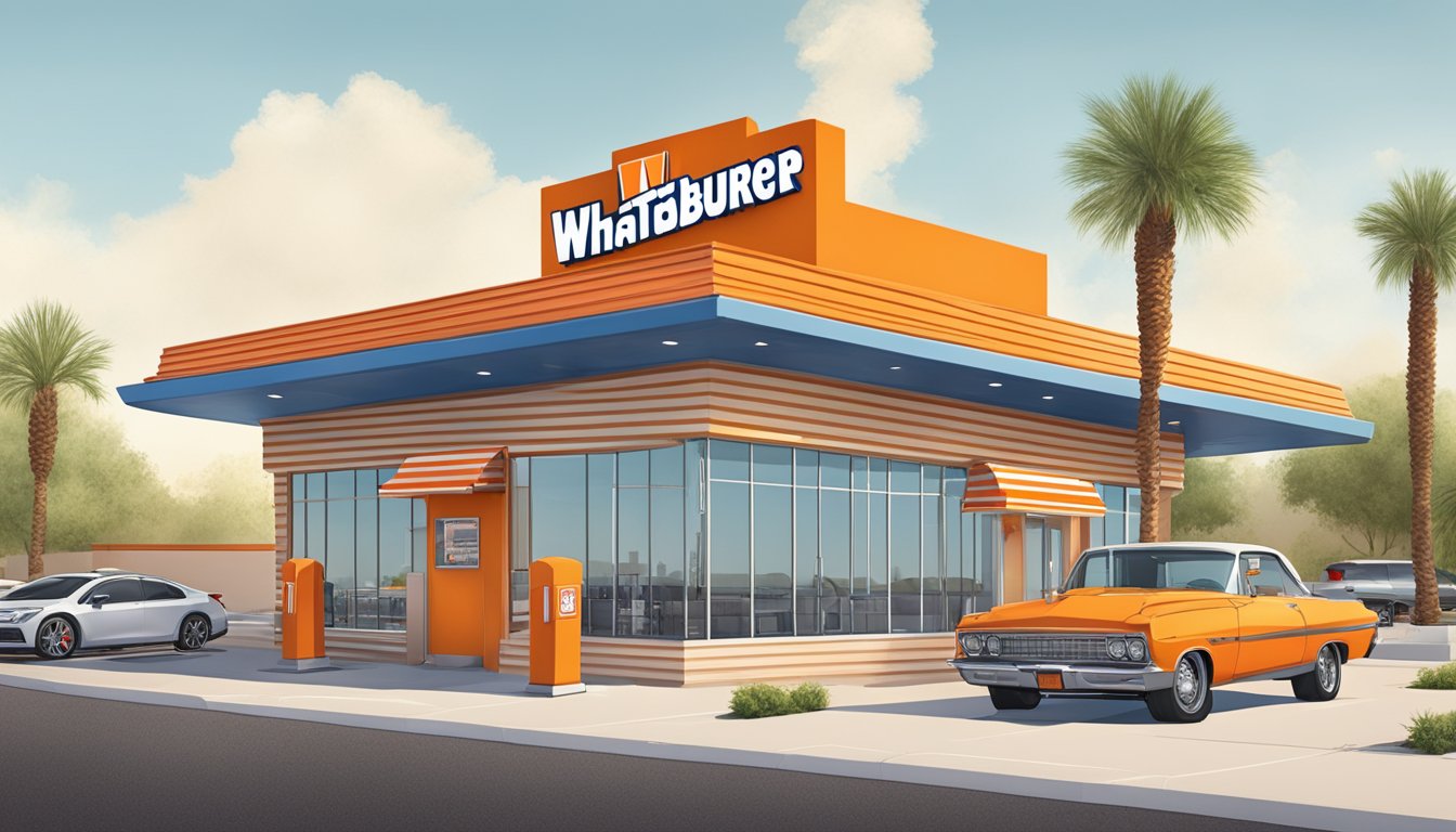 A Whataburger restaurant in Phoenix, open for business with a drive-thru and outdoor seating area