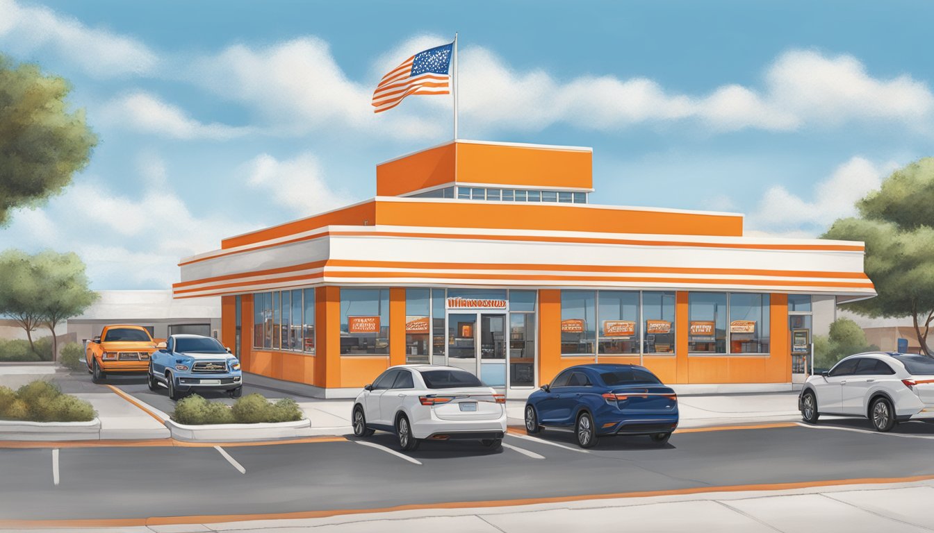 The Whataburger in Laredo, Texas is bustling with customers and staff, with the iconic orange and white striped building standing out against the blue sky