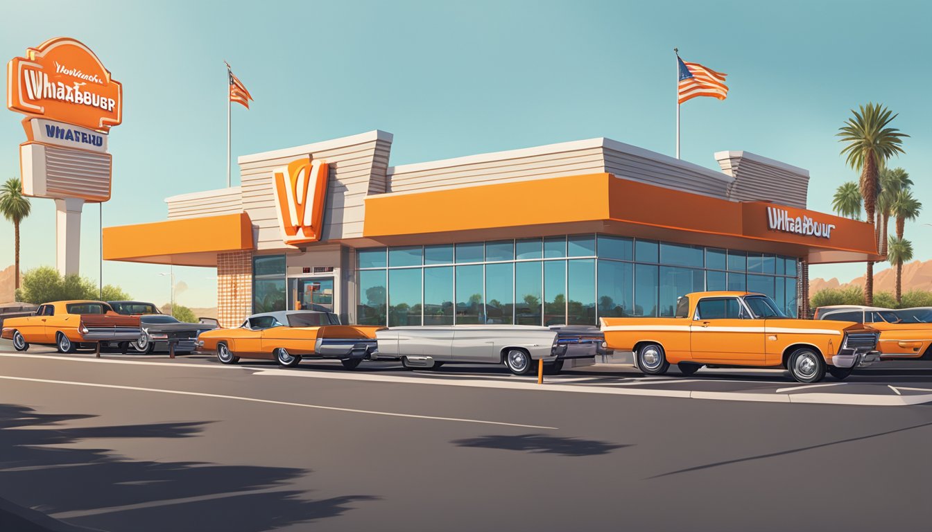 A bustling Whataburger location in Phoenix, with a drive-thru line of cars, outdoor seating, and a neon sign