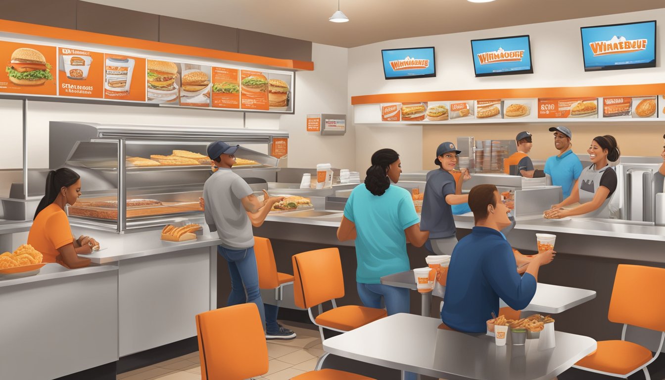 A bustling Whataburger in Laredo, Texas, with customers enjoying their meals and engaging with staff at the counter. Loyalty rewards signs are prominently displayed