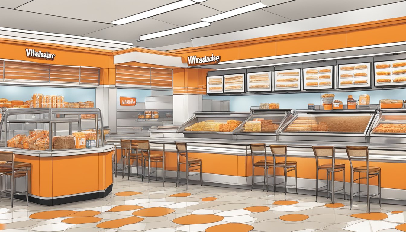 A bustling Whataburger restaurant in Laredo, Texas, with merchandise and collaboration displays featuring the iconic orange and white color scheme