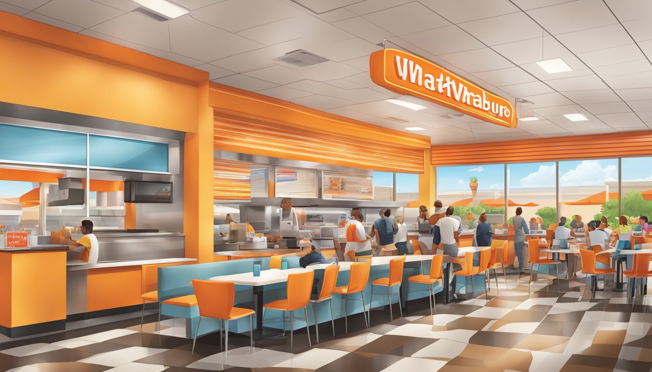 A bustling Whataburger restaurant in Phoenix, with a colorful interior, friendly staff, and satisfied customers enjoying their meals