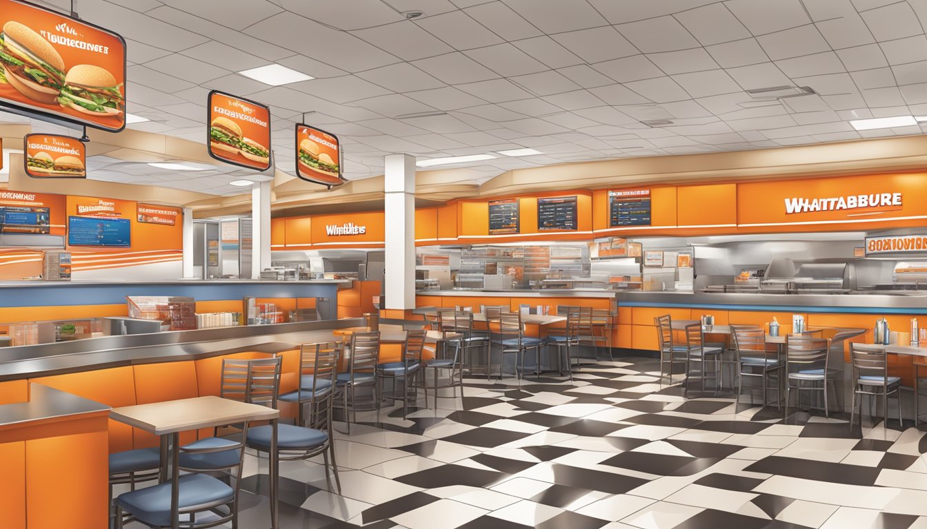 A bustling Whataburger restaurant in Phoenix, with colorful promotional signs and banners displayed throughout the interior and drive-thru area