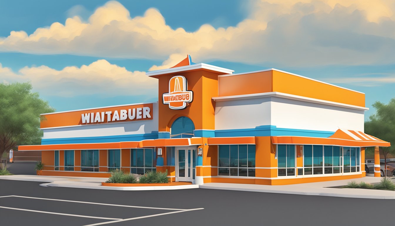 A Whataburger restaurant in Laredo, Texas, with a drive-thru, outdoor seating, and a colorful logo on the building