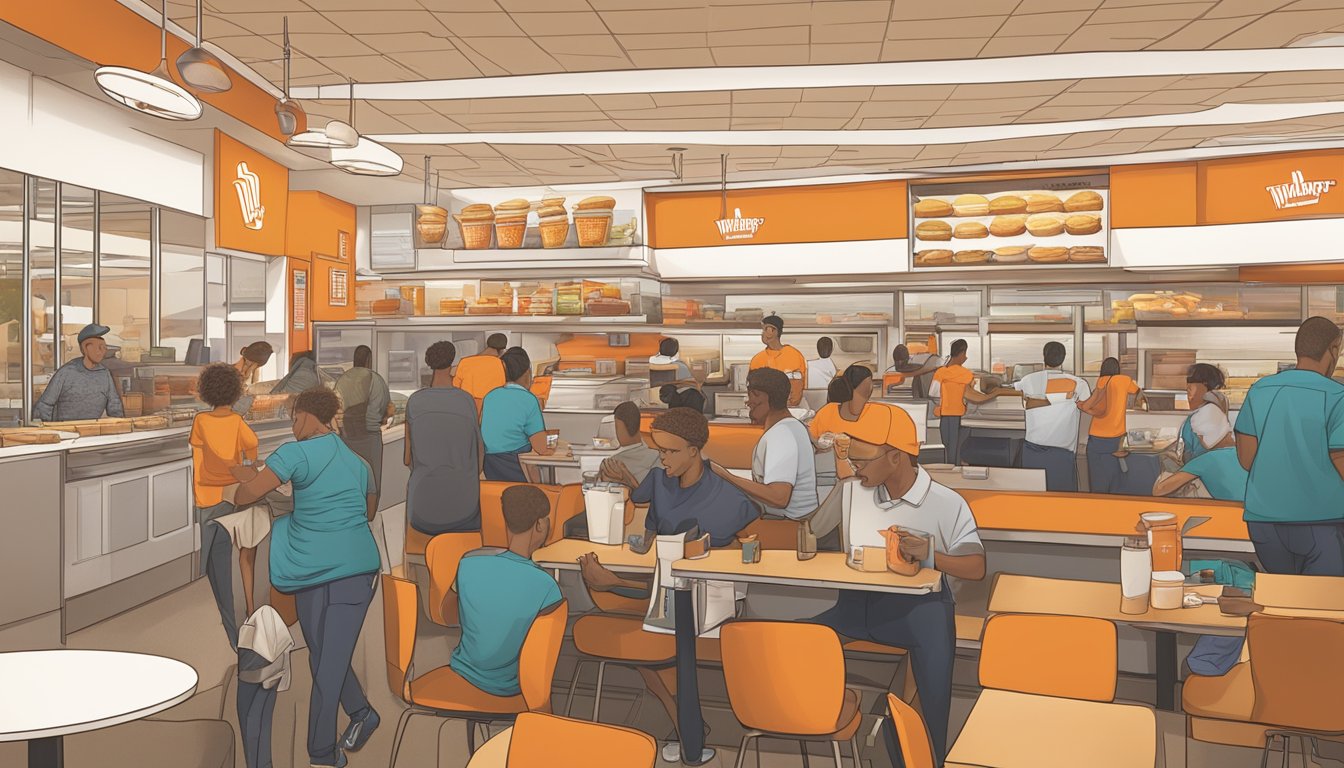 A bustling Whataburger restaurant in Phoenix, with customers enjoying their meals and staff working efficiently to uphold company initiatives