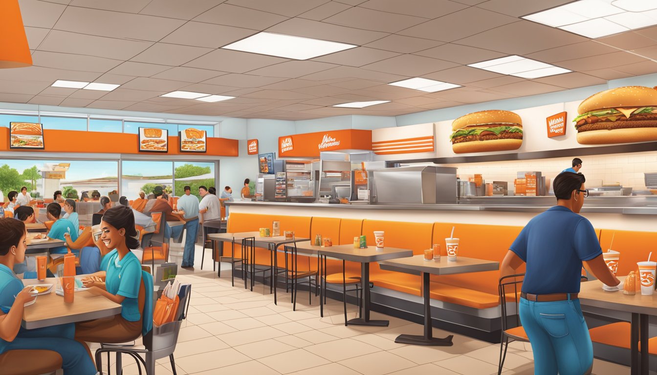 A bustling WhatABurger in Laredo, Texas, with customers enjoying their meals, employees serving with a smile, and a vibrant community atmosphere