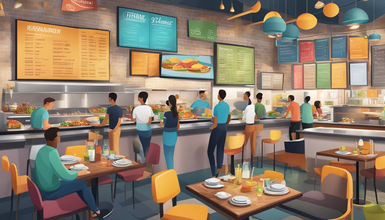 A bustling restaurant with a colorful menu board and a variety of food offerings on display