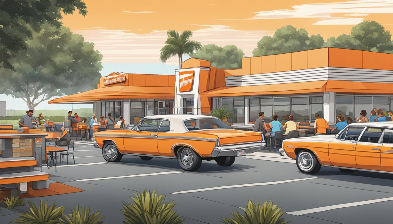 A bustling Whataburger restaurant in Tampa, with a line of cars at the drive-thru and customers enjoying their meals at outdoor tables