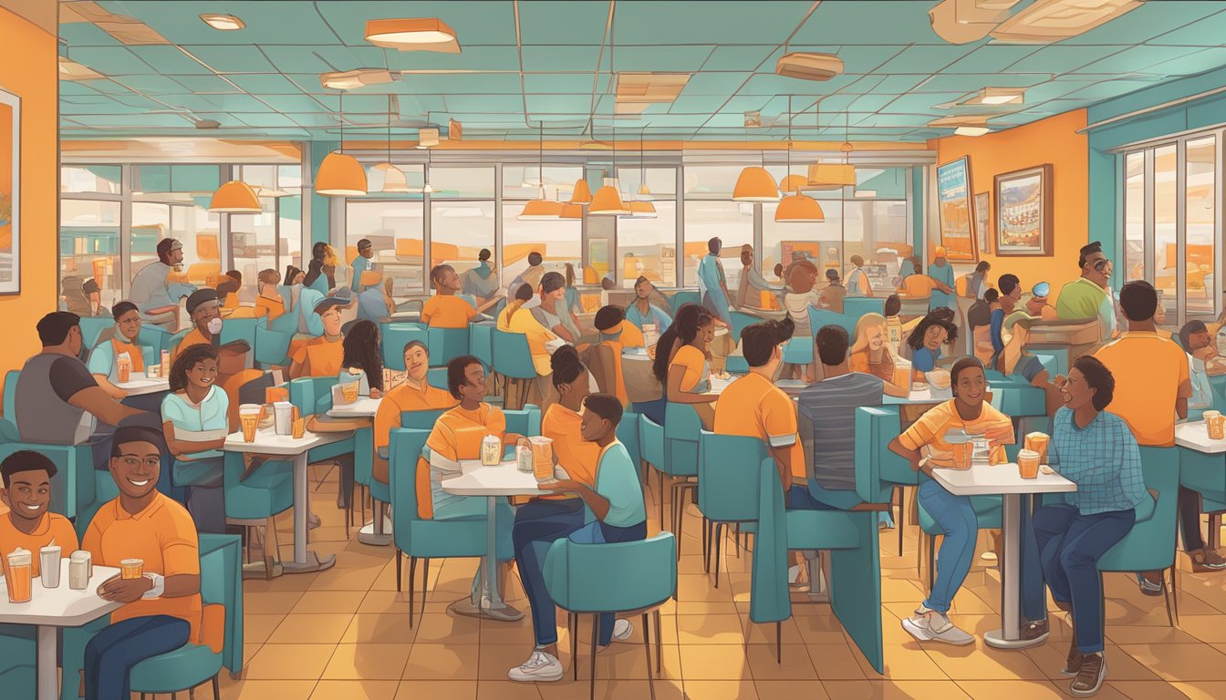 A crowded Whataburger restaurant in Tampa with satisfied customers enjoying their meals and leaving positive reviews online