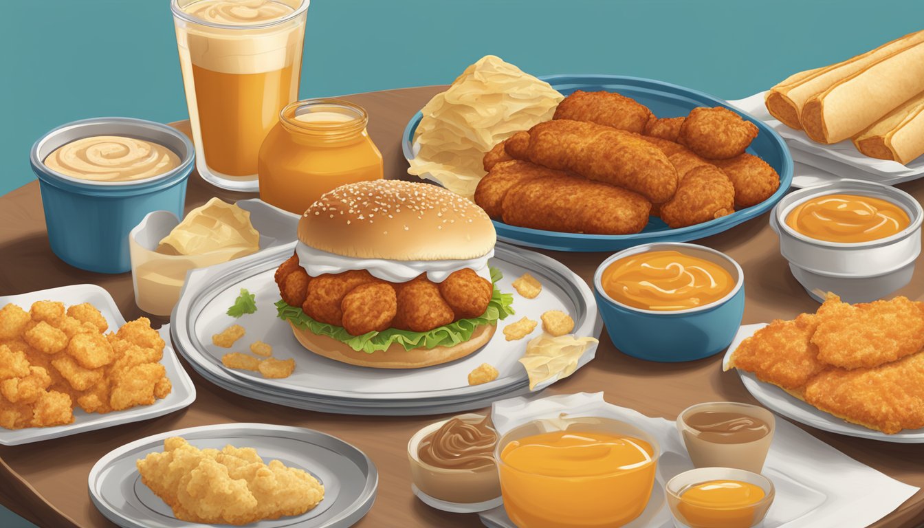 A table set with a classic Whataburger breakfast spread, including a honey butter chicken biscuit, taquito, and hash browns