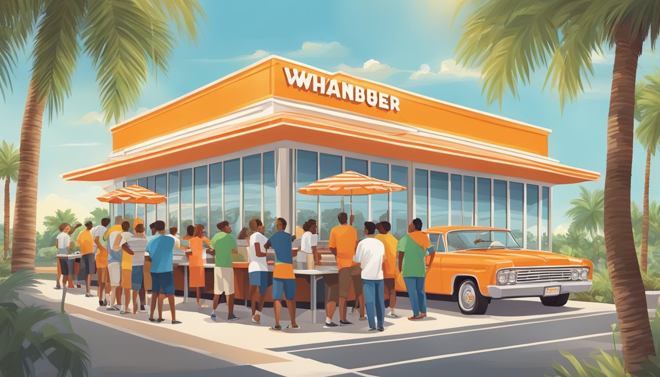 A bustling Whataburger restaurant in Tampa, Florida, with a line of customers waiting to order and dine, surrounded by palm trees and a sunny sky