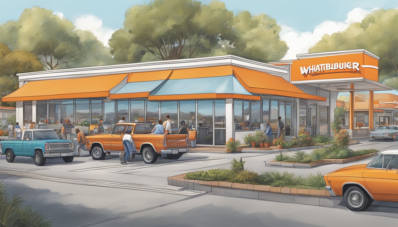 A busy Whataburger restaurant in Tampa, with a line of cars at the drive-thru and customers dining inside. Surrounding buildings indicate the presence of local competitors