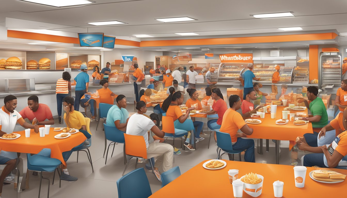 A bustling Whataburger in Tampa hosts a community event, with customers engaging in activities and enjoying the festive atmosphere