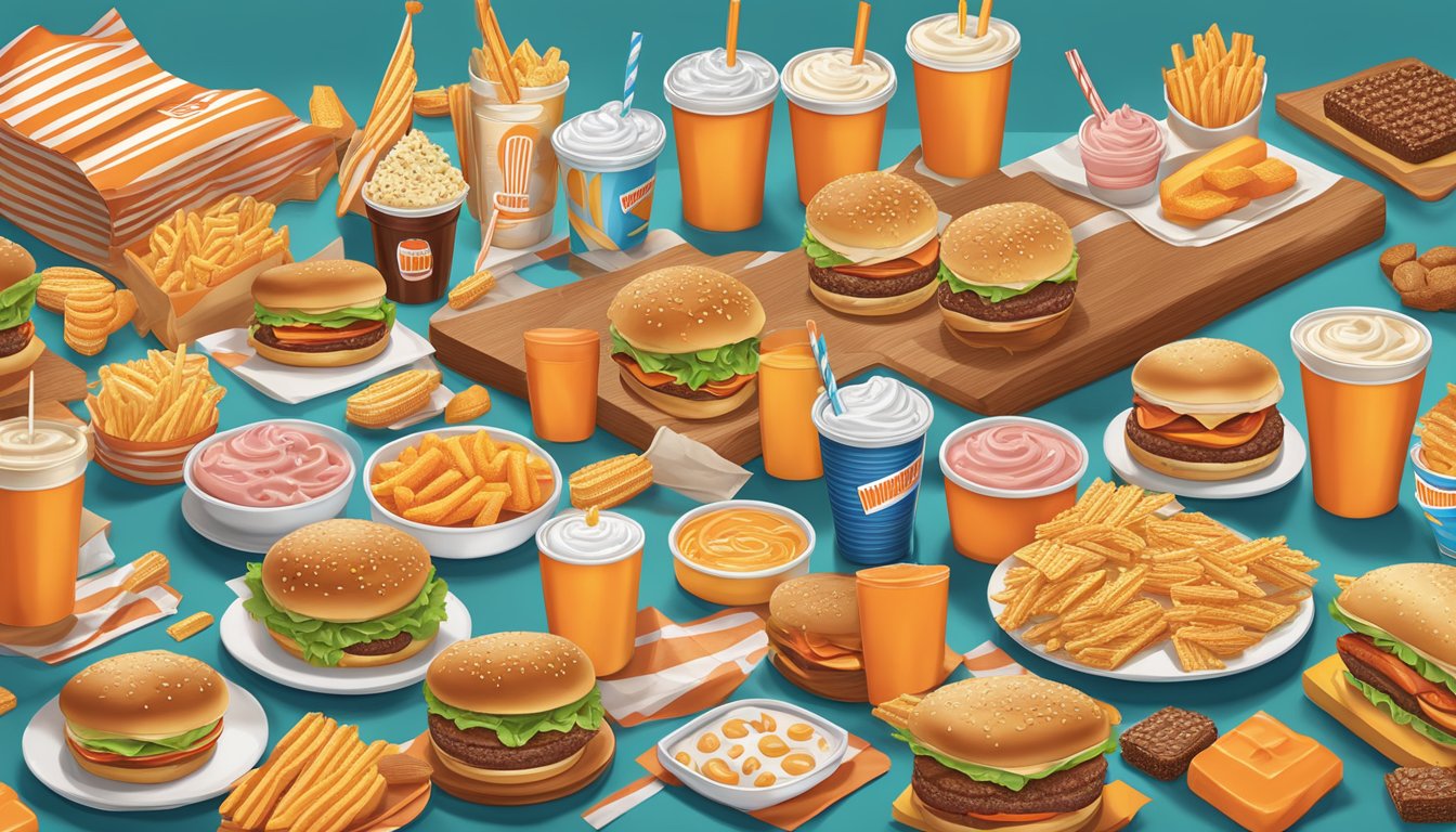 A colorful display of Whataburger snacks and treats, including burgers, fries, shakes, and desserts, arranged on a table