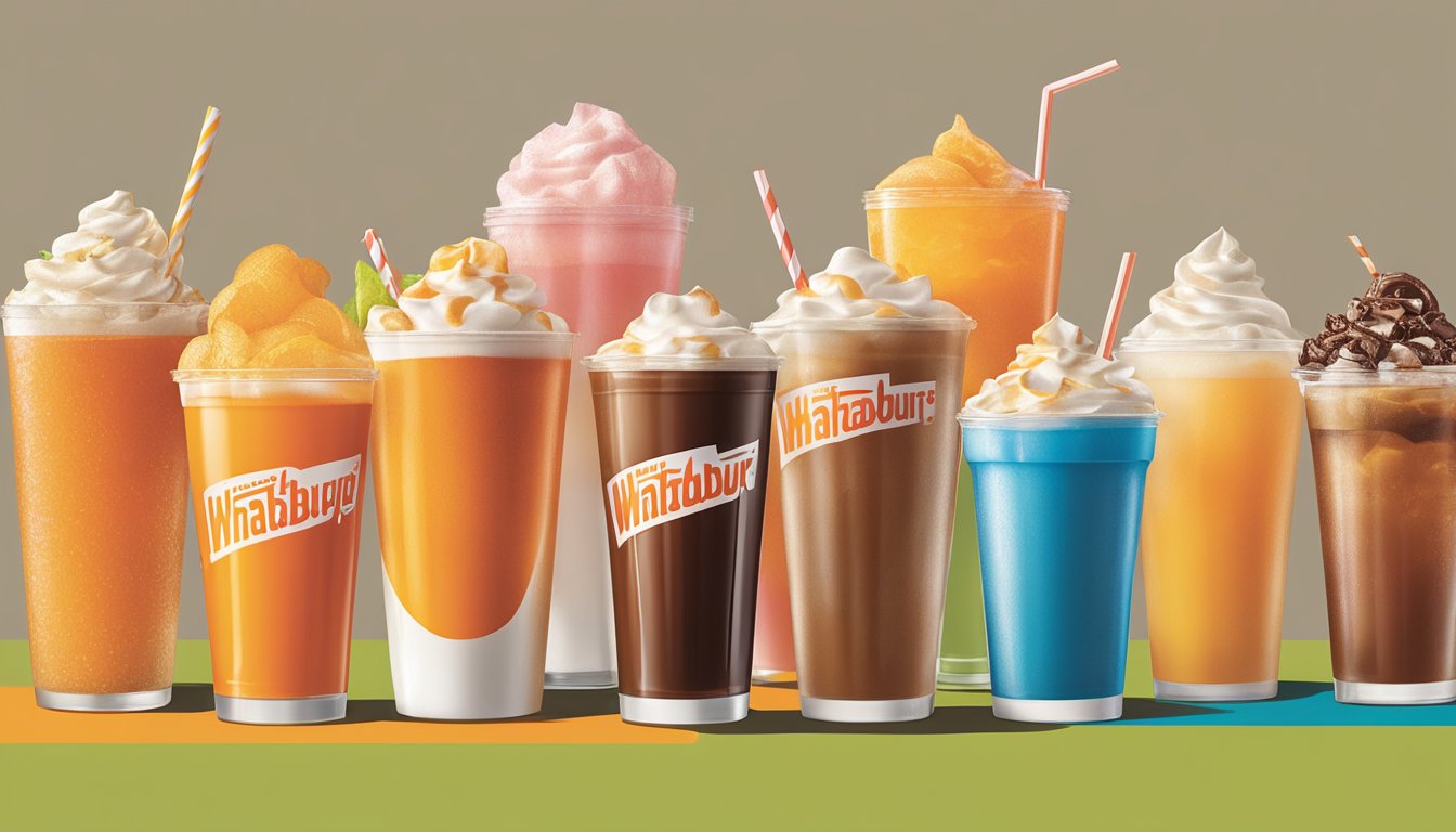 A colorful array of beverage options displayed on a Whataburger menu, including sodas, iced tea, and milkshakes