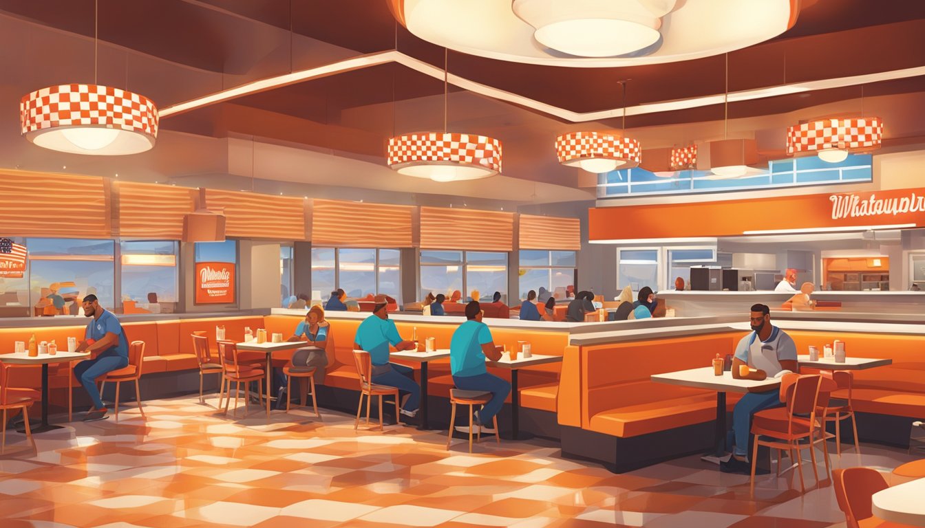 A bustling Whataburger restaurant in Joplin, MO, with customers enjoying their meals at red and white checkered tables under warm, glowing lights