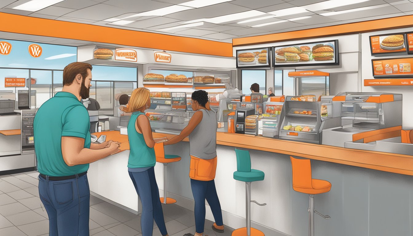 Customers ordering at counter, receiving rewards card at WhatABurger in Joplin, MO