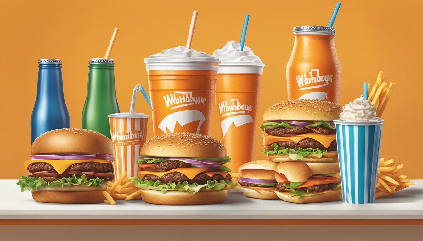 A table set with Whataburger menu items, including burgers, fries, and drinks, arranged neatly with colorful packaging