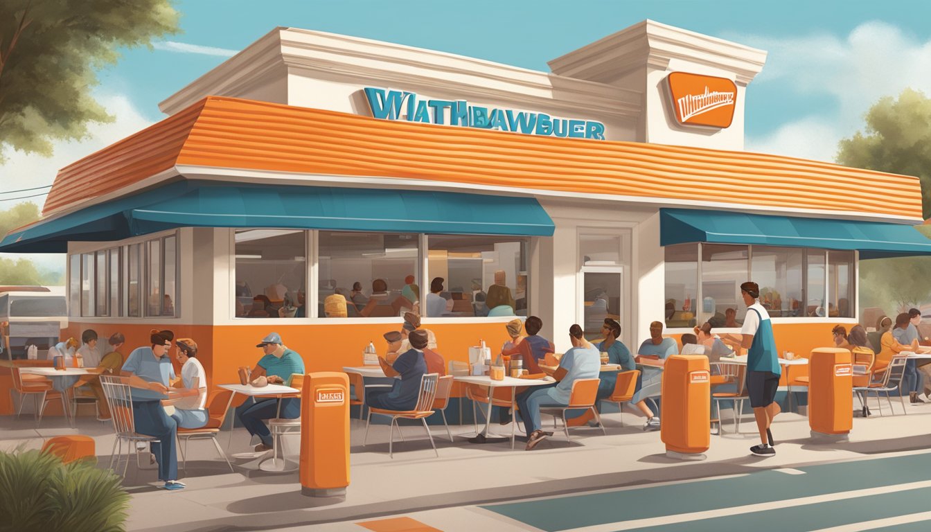 A bustling Whataburger restaurant with a retro-inspired exterior, surrounded by a diverse mix of customers enjoying their meals at outdoor tables