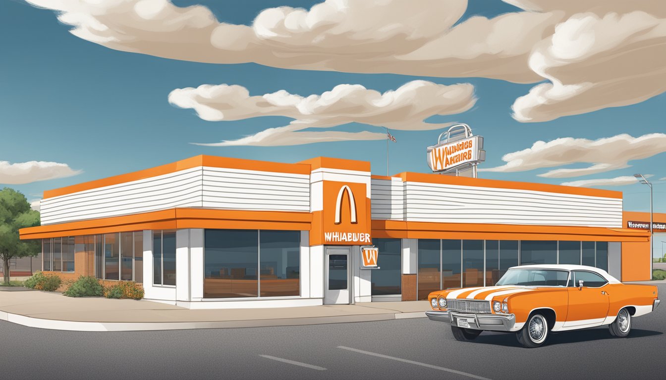 The iconic orange and white striped building of Whataburger stands proudly against the Amarillo skyline, with a line of cars wrapped around the drive-thru