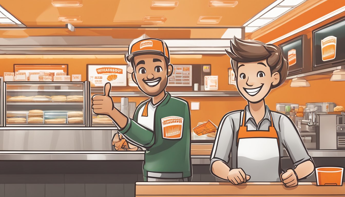 A smiling customer holding a receipt with a thumbs-up, while a Whataburger employee hands them a reward card. The restaurant's logo is visible in the background