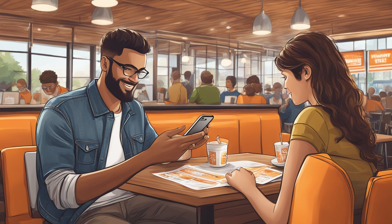 A person using a smartphone to complete the Whataburger customer survey at a table in the restaurant