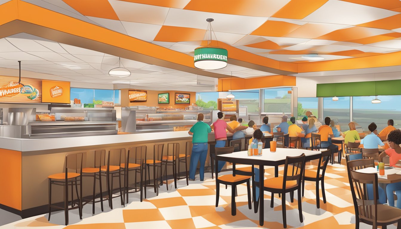 A bustling Whataburger restaurant in Amarillo, with colorful decor and patrons enjoying their dining experience