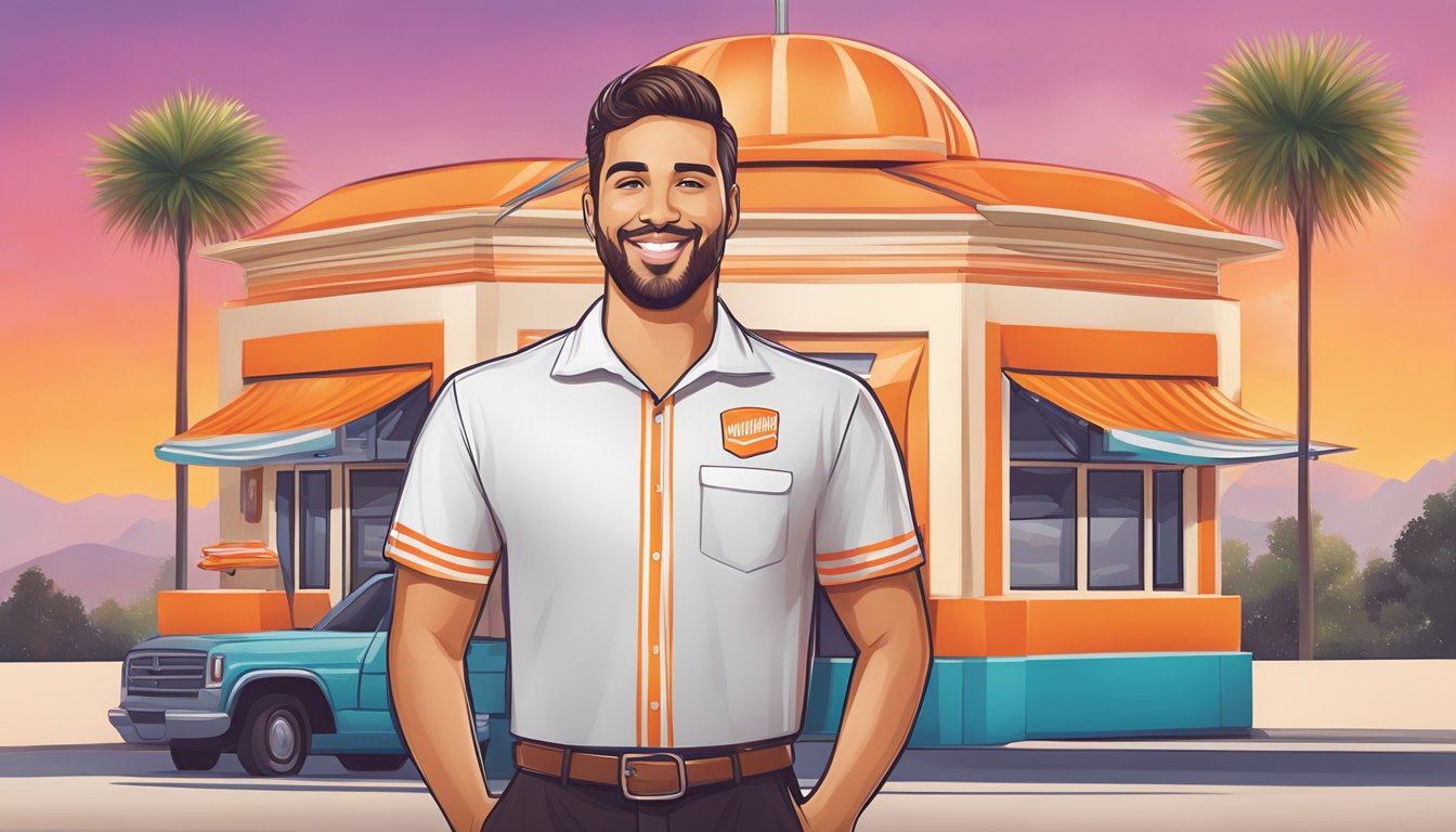 A Whataburger shirt being promoted through social media with a colorful background and a burger-themed design